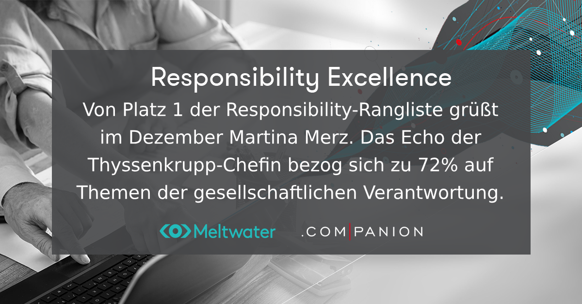 Meltwater und .companion CEO Echo im Dezember 2023. Dieser Banner zeigt die Kategorie "Responsibility Excellence", in der Martina Merz von Thyssenkrupp gewonnen hat.