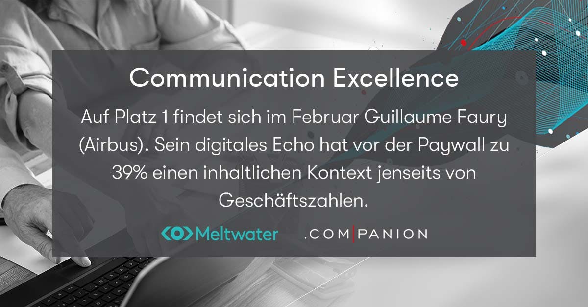 Meltwater und .companion CEO Echo im Februar 2022. Dieses Banner zeigt die Kategorie "Communication Excellence", in der Guillaume Faury von Airbus gewonnen hat.