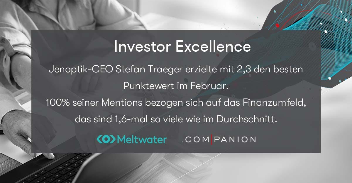 Meltwater und .companion CEO Echo im Februar 2022. Dieses Banner zeigt die Kategorie "Investor Excellence", in der Stefan Trager von Jenoptik gewonnen hat.